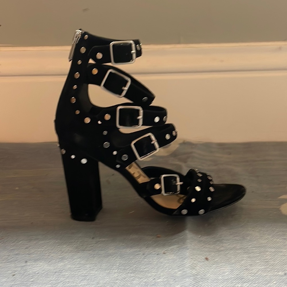 NEW!! Sam Edelman Black Suede Silver Buckle + Stud Heels 8